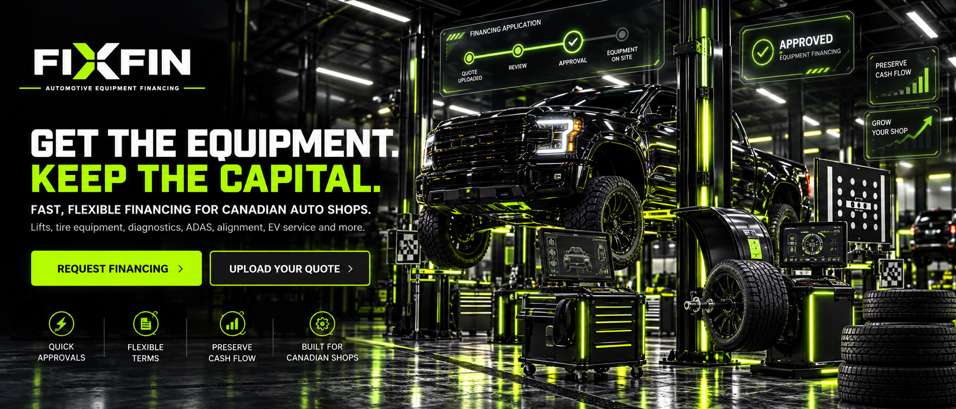 Cinematic automotive workshop with a lifted truck, diagnostic and tire equipment, and illustrative equipment financing dashboard graphics.